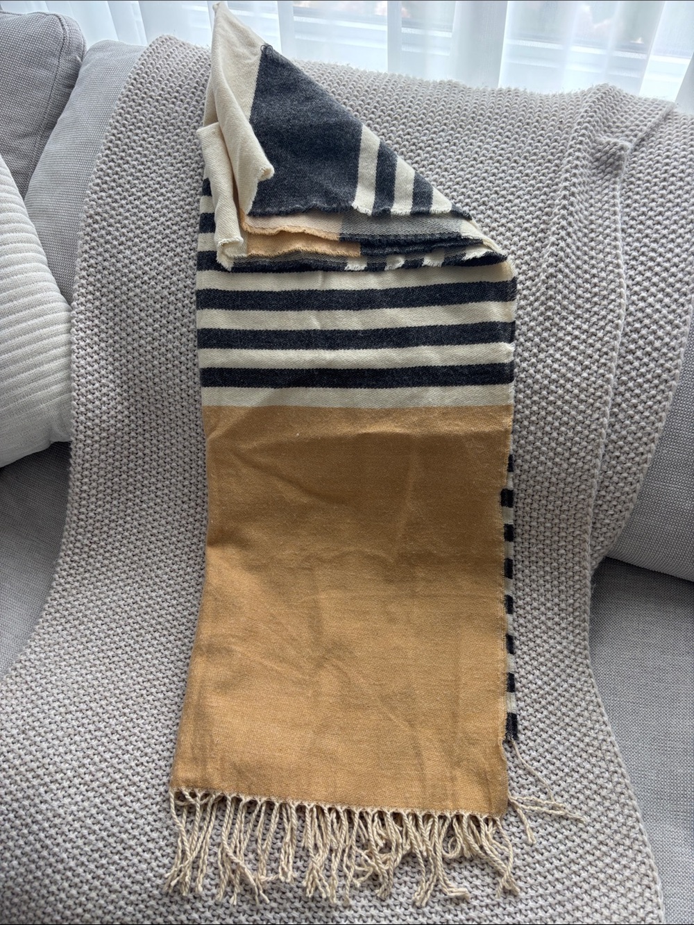 Unisex Striped Fringe Scarf - Beige, Black & Cream